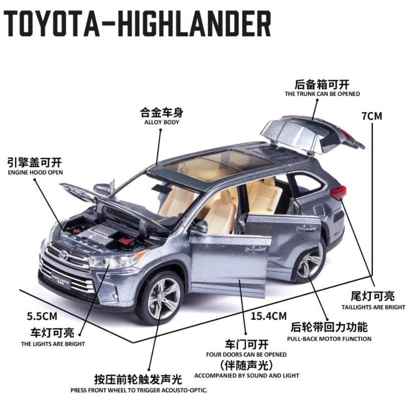 1/32 Toyota Highlander Diecasts & Toy Vehicles Car Model With Sound&Light Collection Car Toys For Boy Children Gift birthday