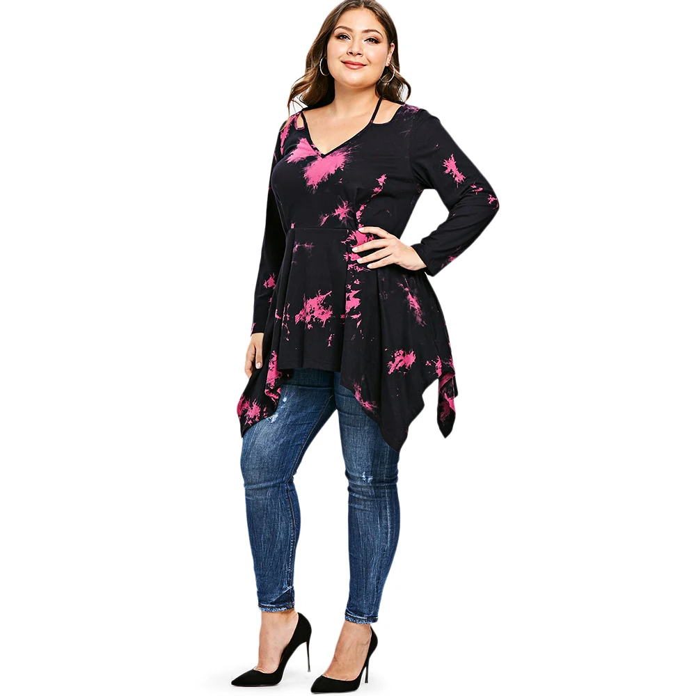  ROSE GAL Plus Size Women T-Shirt Tie Dye Handkerchief Cotton Spring Fall Long Tunic T Shirt Casual 