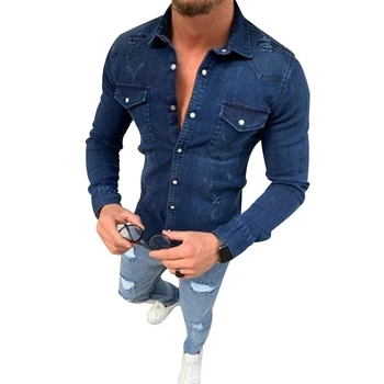 

Helisopus Autumn Men Shirts Turn Down Collar Denim Long Sleeve Fashion Casual Slim Fit Shirt Pocket Jeans Soild Color Tops