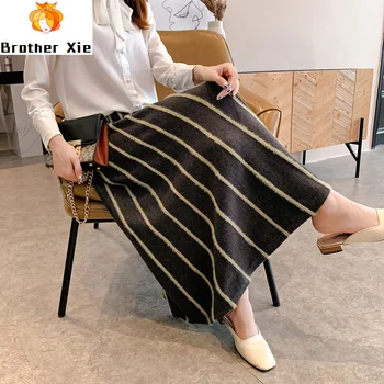 

Knitting Women 2020 A-Line Skirt High Waist Vintage Striped Women Winter Warm Long Skirt Good Quality Faldas Jupe Femme Saia