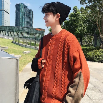 

2019UYUK Winter New Art Stripes Patchwork Color Contrast Casual Loose Trend Round-neck Young Men's Sweater Clothes