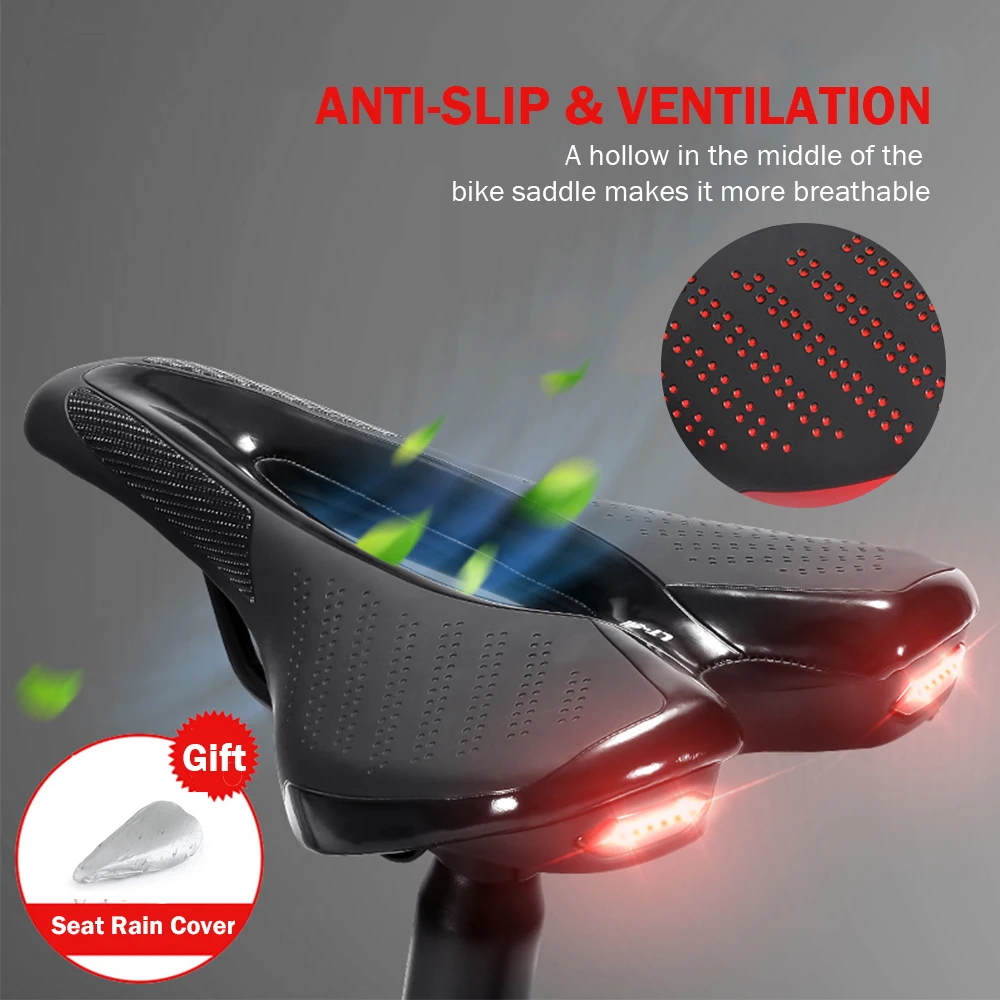 WHEEL up Bike Saddle Soft Comfortable Waterproof Bicycle Seat Cover Cushion  with 6 Modes Taillight for MTB Road Bike