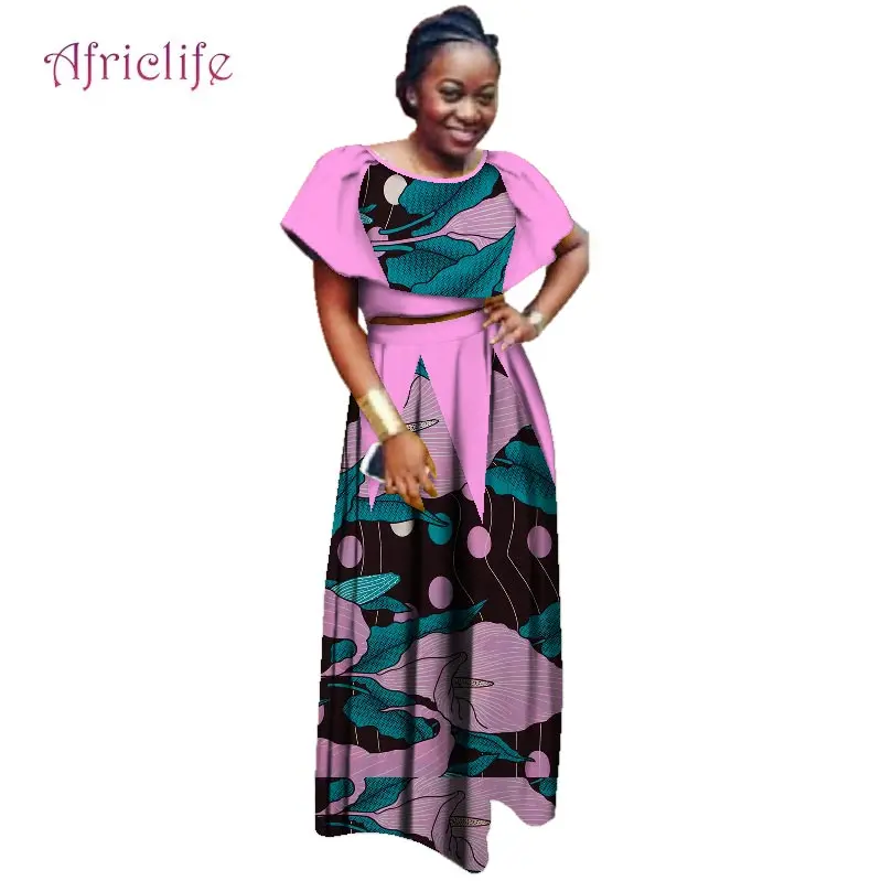 В африканском стиле элегантные Для женщин летнее, длинное, макси платья комплект из двух предметов 2019 г. пикантные укороченный топ юбки