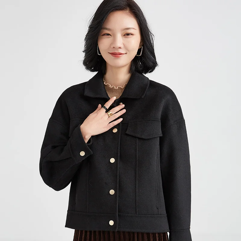 

[Small spot] 2020 autumn and winter new coat pure color short lapel wool double-sided woolen coat women
