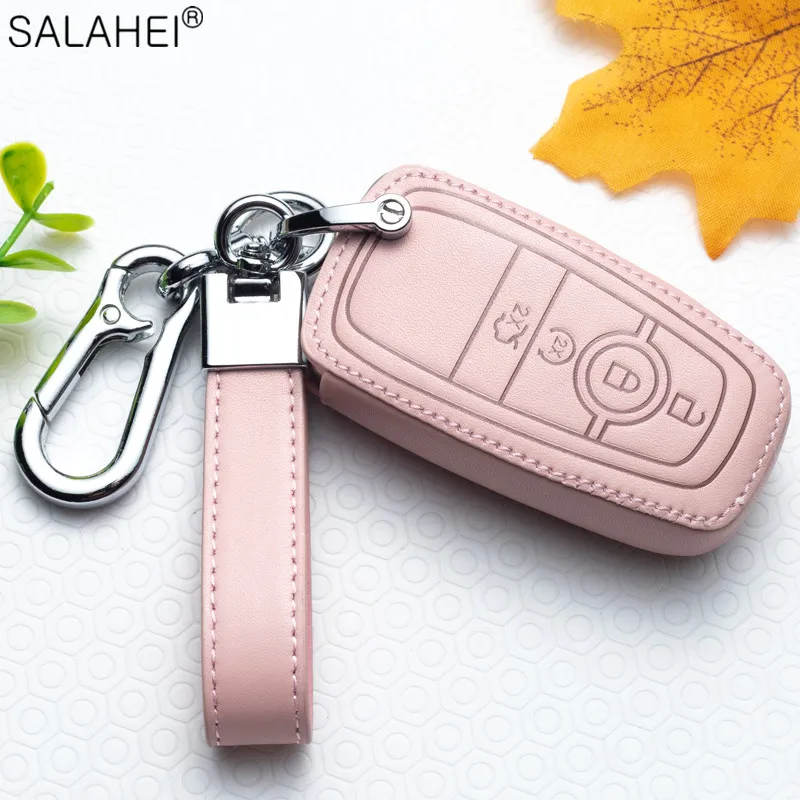 Leather Car Key Case Cover For Ford Fusion Mustang Explorer F-150 F-250 F-350 2017 2018 Remote Key Case Shell Cover Skin Holder