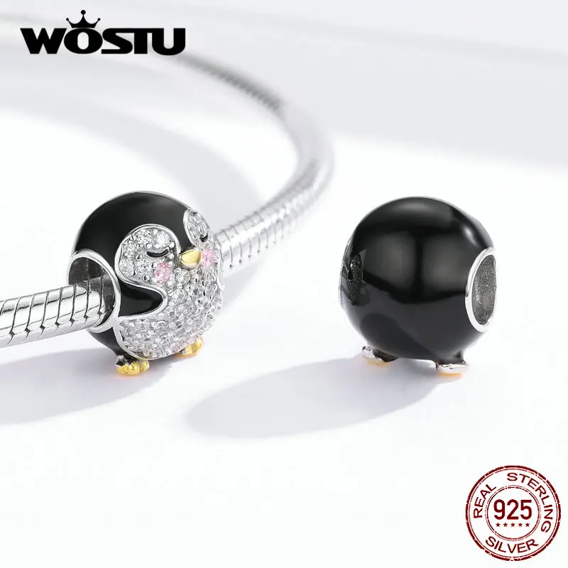 WOSTU, 925 пробы, серебряный, пухленький Пингвин, бисер, циркон, черный, талисманы, подходят к оригинальному браслету, ожерелье для женщин, Прекрасные Ювелирные изделия CTC126
