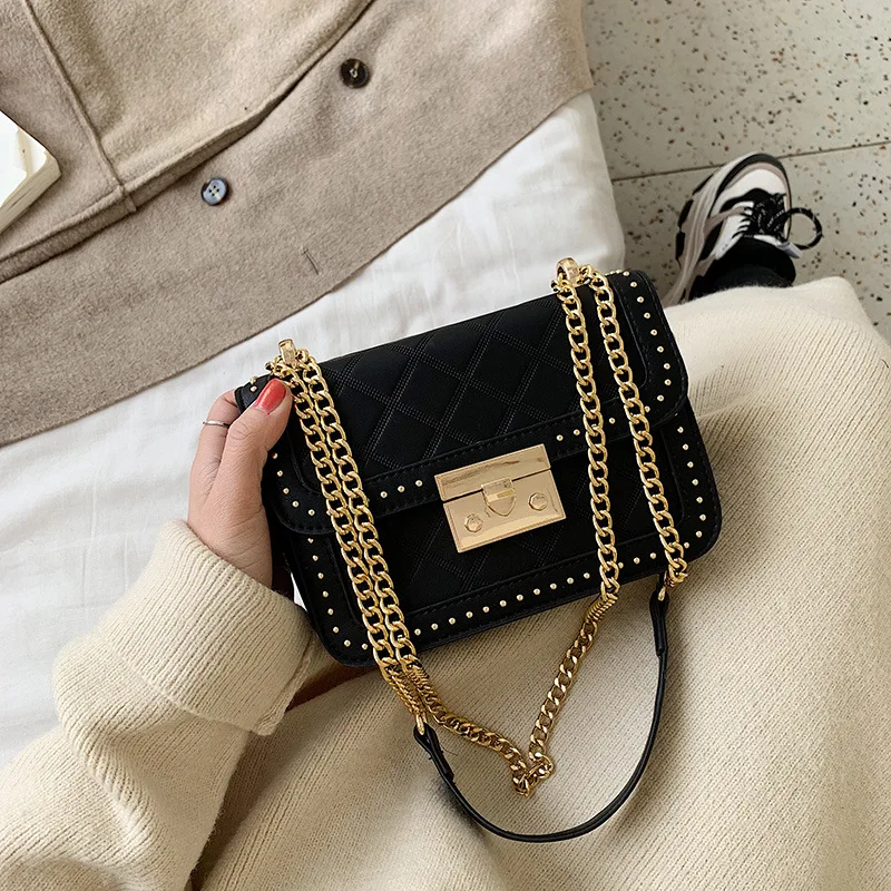 

2019 Winter New Style WOMEN'S Bag Korean-style Lock Bag Car Suture Shoulder Square Sling Bag Rivet Rhombus Oblique WOMEN'S Bag
