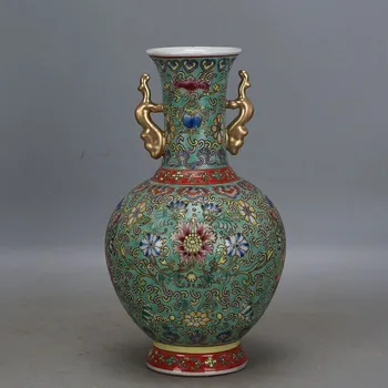 Qing Qianlong powder enamel vase with painted flower with golden two ears imitation home collection hand-made antique porcelain