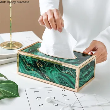 

European Style Gold-plated Cellophane Tissue Box Coffee Table Rectangular Agate Pattern Storage Tissue Box Home Organize Boxes