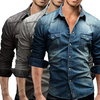 

Men Shirt 2018 New Male Long Sleeve Shirts Casual Solid Color Denim Slim Fit Pockets Shirts Men 3XL Fashion Clothes