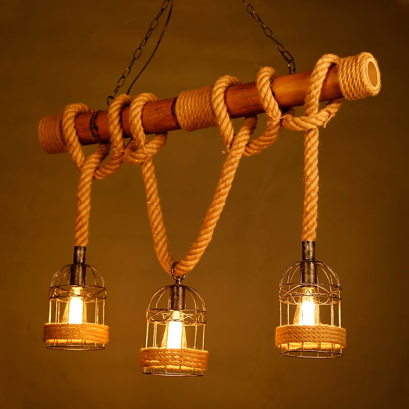 

Vintage Bamboo Pendant Lights 3 Heads Hemp Rope Iron Cage hagning Lamp Industrial loft Bar Cafe Restaurant Lighting luminaires