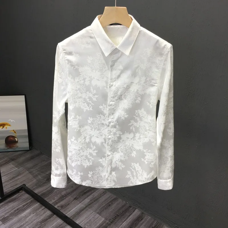 

Harajuku Men New Floral Casual Shirts Night Club Party Long Sleeve Tops Single Breasted Slim Fit Camisa Masculina White Shirt