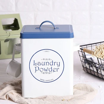 

Beautiful Coating Metal Laundry Covered Washing Powder Bucket Powder Storage Box Powdered Rice Barrel with Scoop