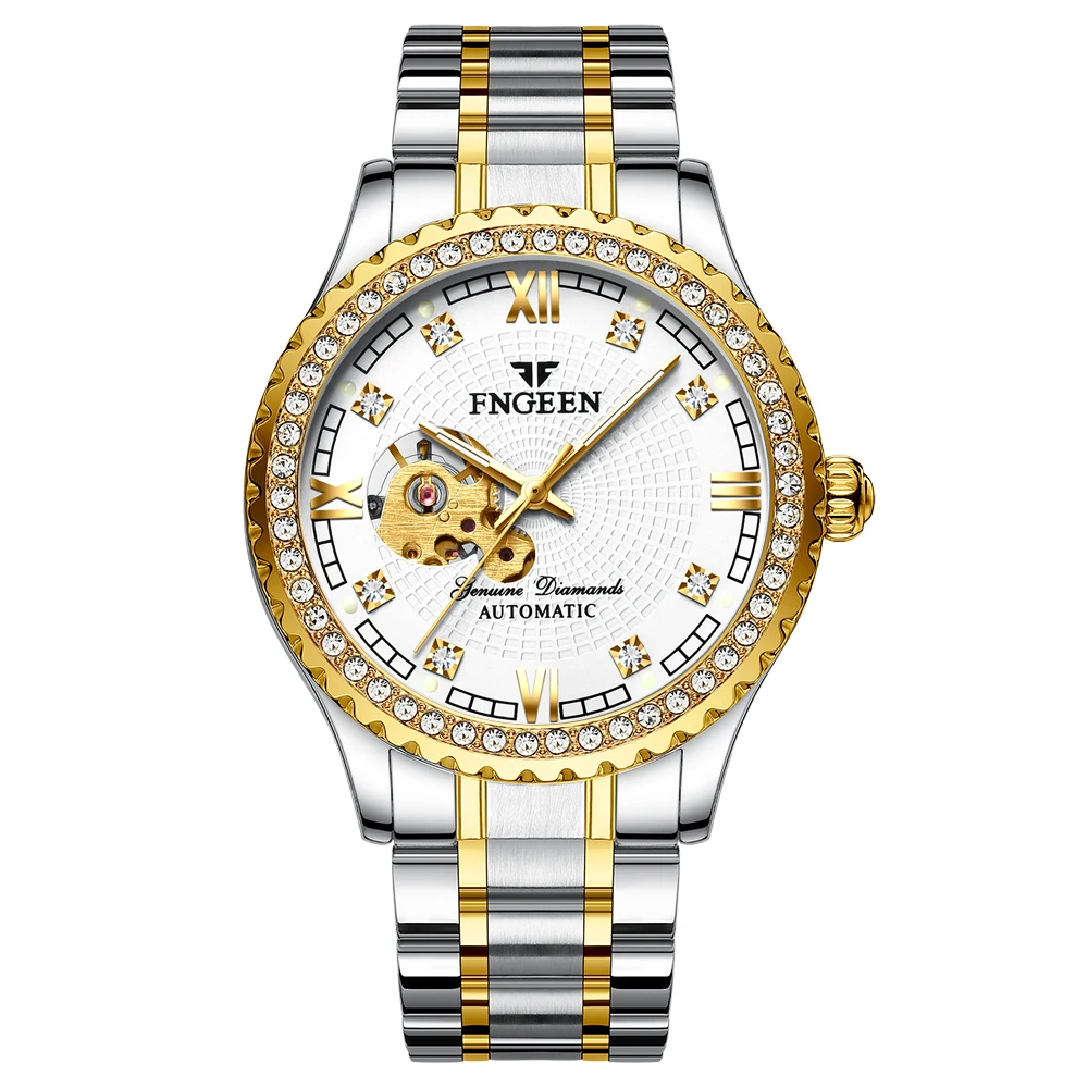 

FNGEEN Brand Men Mechanical Dress Wristwatch Gold Full Rhinestones Automatic Watch Stainless Steel Strap zegarek meski