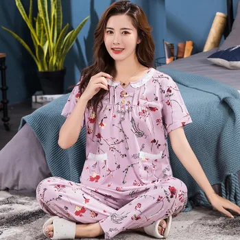 

2020 Summer Plus Size 100% Cotton Short Sleeve Long Pants Pajama Set for Women Cute Lace Sleepwear Homewear Pijama Mujer Clothes