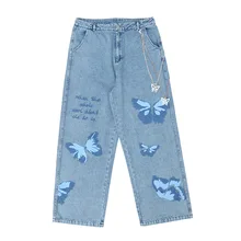 Pantalones vaqueros holgados para hombre y mujer, vaqueros con estampado de mariposa y Graffiti, estilo Hip Hop, Kpop