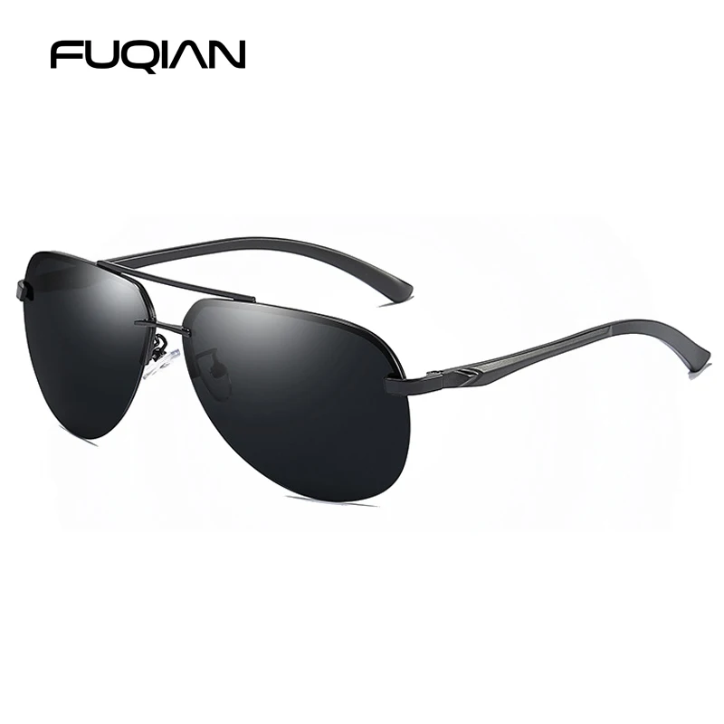 FUQIAN, модные, без оправы, пилот, мужские, поляризационные солнцезащитные очки, стильные, алюминиево-магниевые, солнцезащитные очки, Ледяной Синий, очки для вождения, UV400 - Цвет линз: Black Black