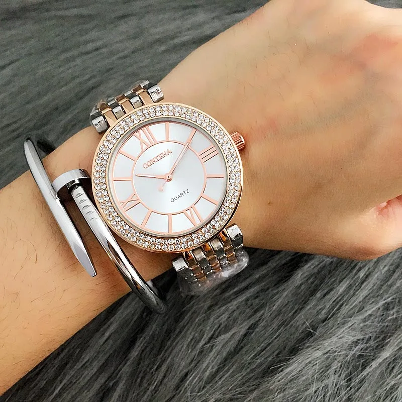 Contena роскошные женские часы кварцевые часы все нержавеющая сталь модные стразы женские часы Relojes Mujer наручные часы
