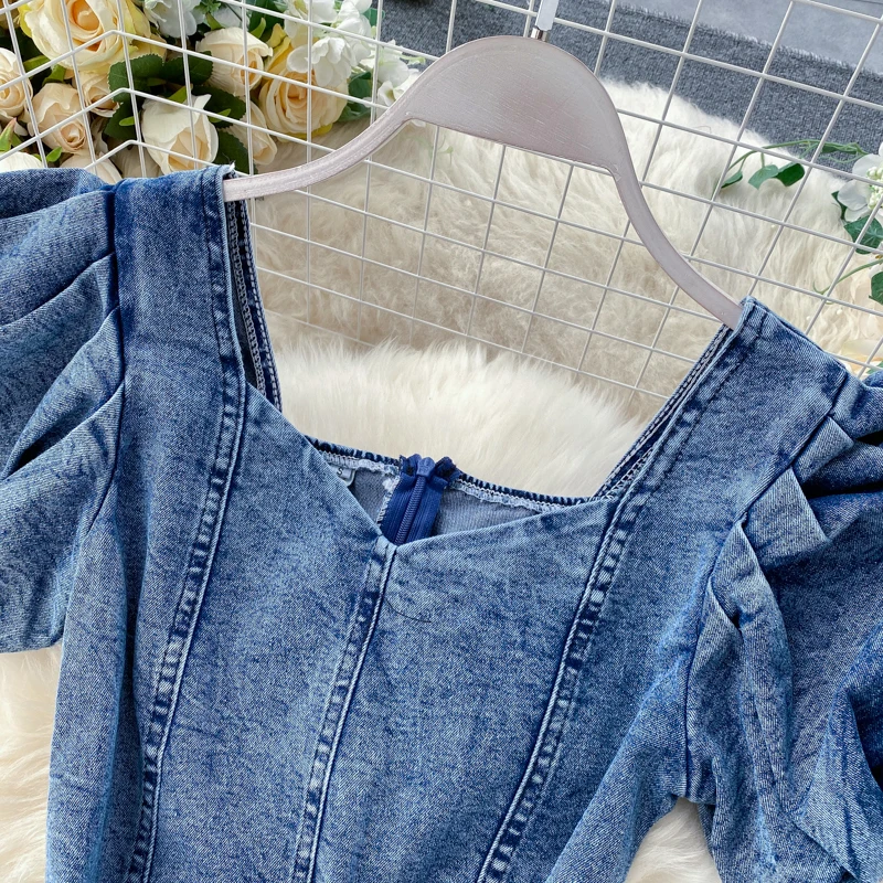 DEAT 2020 New Summer Fashion Tide Square Collar Vintage Solid High Waist Zipper Slim Puff Sleeve Denim Dress Women SB760