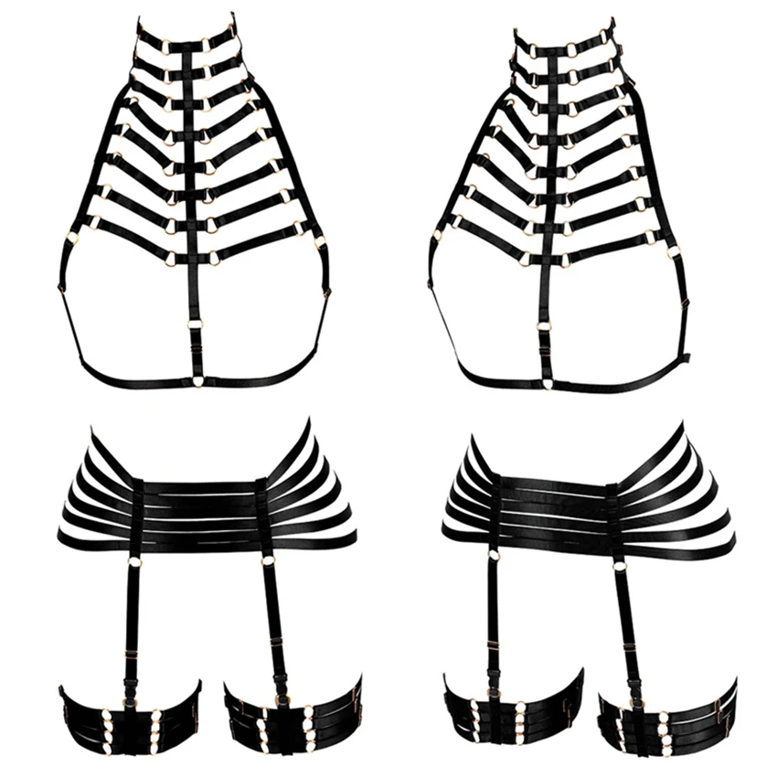 Черный комплект для тела с ремнем на шею, сексуальное нижнее белье для бондажа, подвязки для ног, пояс, регулируемый фетиш, для танцев на шесте, готический стиль