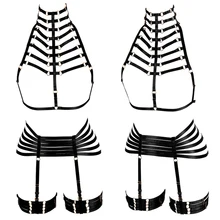 Черный комплект для тела с ремнем на шею, сексуальное нижнее белье для бондажа, подвязки для ног, пояс, регулируемый фетиш, для танцев на шесте, готический стиль