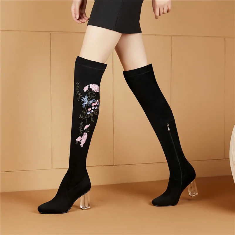 

Sexy Luxury Kid Suede Leather Embroider Knee High Boots Women 2019 Square Heels Zipper Party Tight Shoes Woman