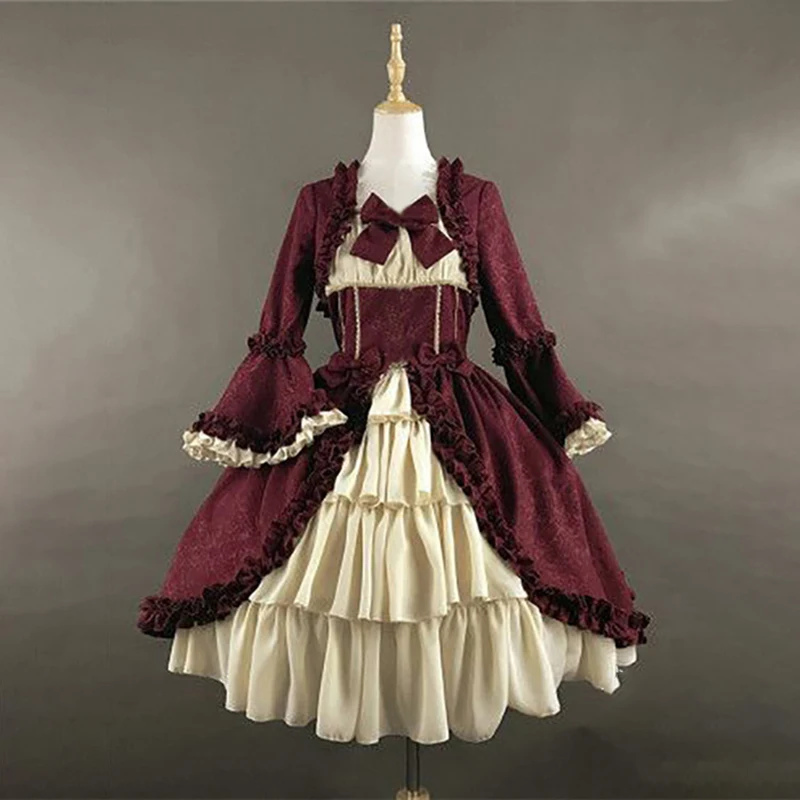 

Women Dress Lolita Royal Court Dress Vintage Medieval Ruffled Slim Large Swing A Line Spliced Ladies Dresses