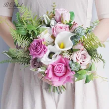 PEORCHID невесты; цвет ярко-розовый; Boquet Свадебные Искусственный шелк цветок Настоящее прикосновение Калла Лилия розы букет для невесты Ramos De Boda