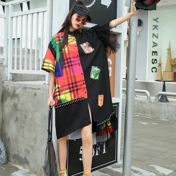 

Fat mm short-sleeved dress 2020 new summer style foreign large size lattice mesh splicing irregular shirt skirt