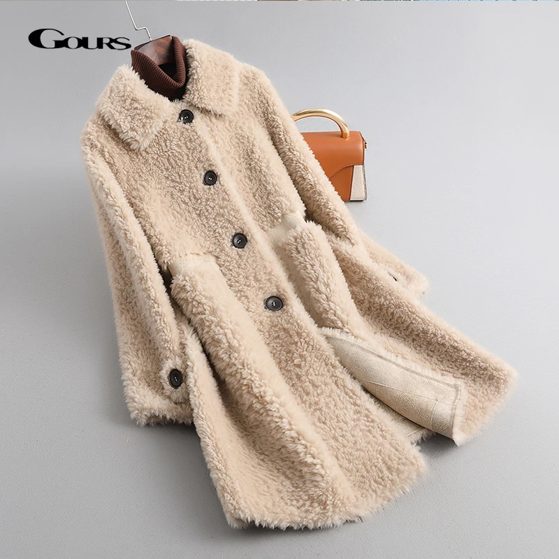 

GOURS Winter Genuine Shearling Jackets for Women Fashion Natural Wool Real Fur Long Overcoats Thick Warm 2021 New Arrival LD9215