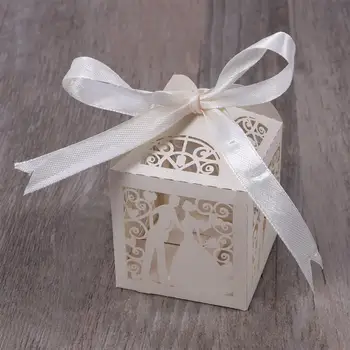 

100pcs Couple Design Luxury Lase Cut Wedding Sweets Candy Gift Favour Boxes with Ribbon Table Decorations (Creamy-white)