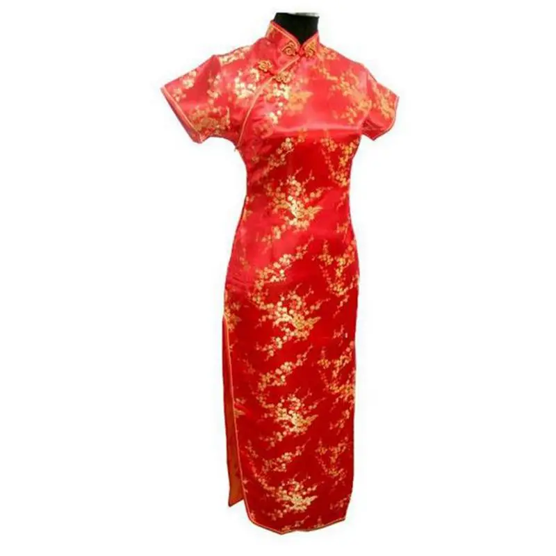 Qipao длинные платья с коротким рукавом сексуальное платье Черный Дракон и Феникс китайское традиционное платье женское атласное Чонсам Qipao большой размер - Цвет: Red B