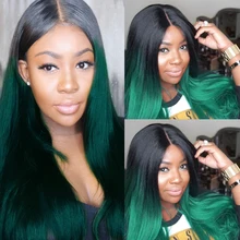 Цветной человеческие волосы парики с детскими волосами 150% человеческих волос парики зеленый прямые Синтетические волосы на кружеве парик темные корни волос 13x4 предварительно парик шнурка