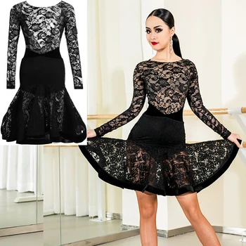 

Black Lace Latin Dance Dress Practice Clothes Women Modern Dance Wear Performance Clothing Girls Party Dress Long Sleeve Dress