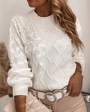 Aliexpress - 2020 Winter Women Elegant Plain Plus Size Long Sleeve O-Neck Sweater Femme Solid Beaded Deco Casual Top Chandail Ladies Clothing