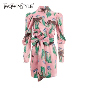 

TWOTWINSTYLE Casual Print Women Dresses Stand Collar Puff Long Sleeve High Waist Lace Bow Hit Color Dress For Female Fashion New