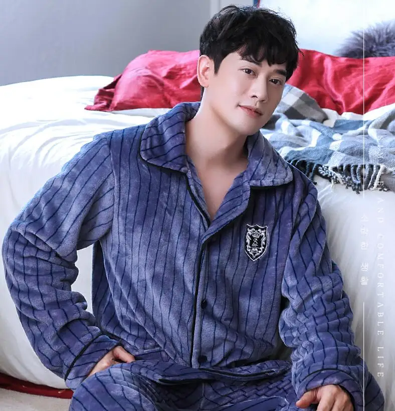 H5913 Молодежный пижамный комплект для мужчин, утолщенная фланелевая теплая одежда для сна, осенне-зимняя мужская одежда с длинными рукавами, большой размер, теплая домашняя одежда
