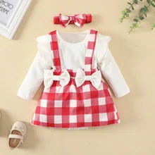 Ensemble de vêtements à manches longues pour bébé, 3 pièces, haut + jupe à bretelles à carreaux, costume pour nouveau né fille, ensembles printemps/automne, bandeau 