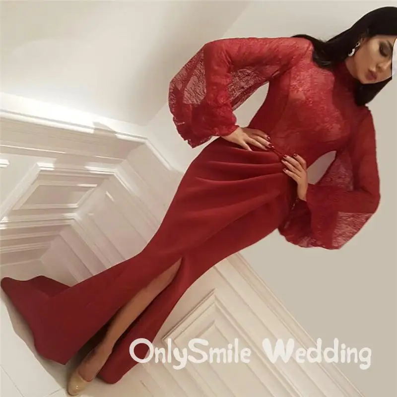 Бургундия Vestido Gala мусульманские платья для выпускного вечера Русалка с длинными рукавами Кружева щелевая Дубай абайя Саудовская Арабский длинное платье для выпускного вечера