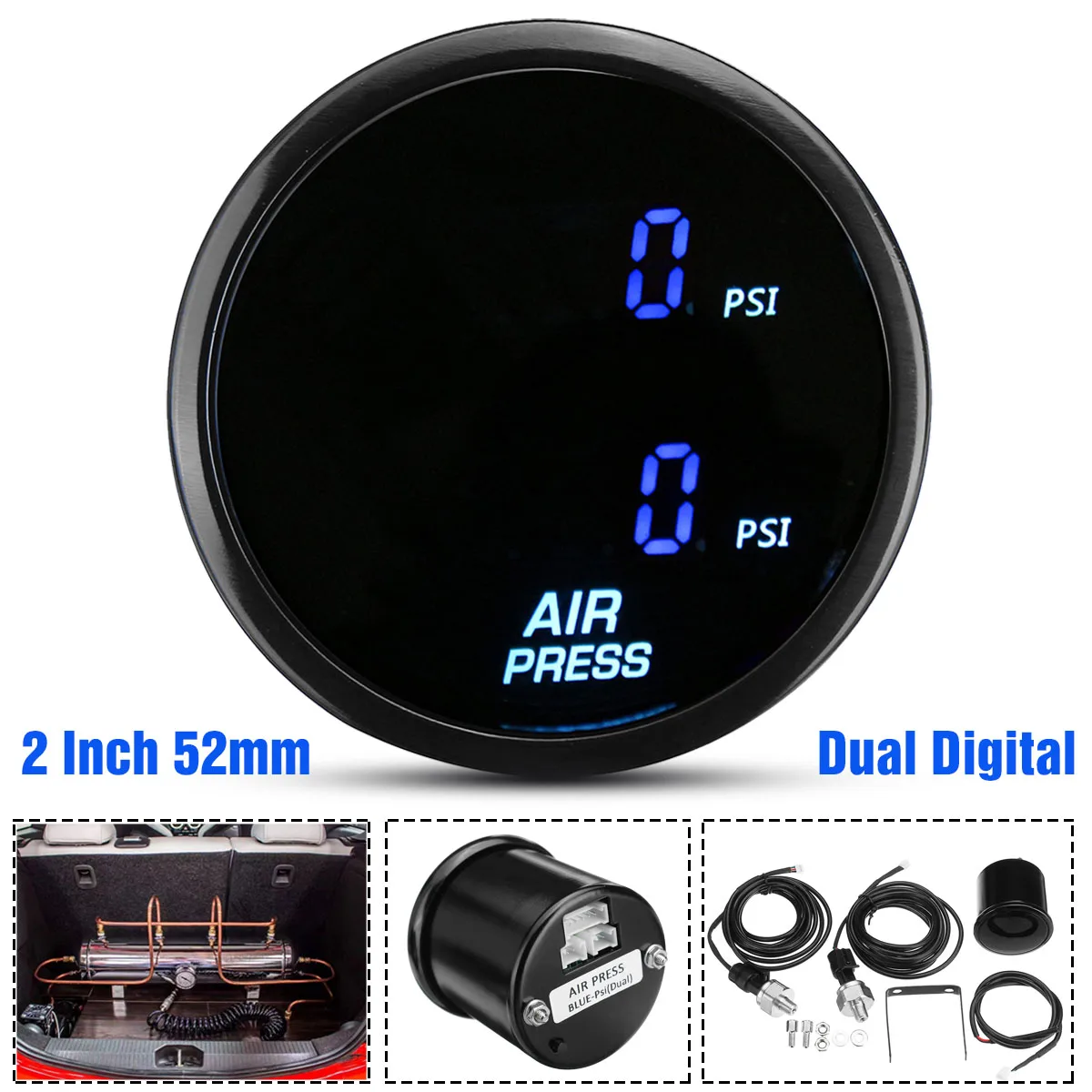 2 Inch 52mm Air Suspension Pressure Gauge PSI Dual Display Red Blue LED
