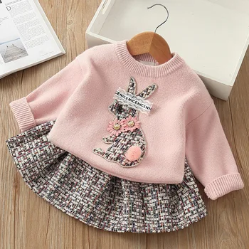 

New Autumn Girl's Cute Rabbit Wool Top Skirt Two-piece Sweet Suit Skirt Casual Full Above Knee, Mini Cotton Noenname_null Animal