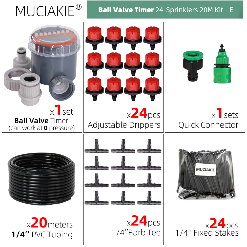 MUCIAKIE 5-50 Meters Ball Valve Timer Garden Watering System Irrigation Drip Kits Automatic Spray for Plants Adjustable Nozzles 