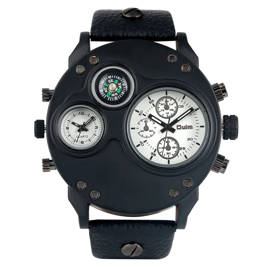 black pointer Oulm часы с большим циферблатом, мужские кварцевые часы, двойные маленькие циферблаты, спортивные мужские часы, роскошные мужские наручные часы из натуральной кожи - Цвет: black pointer