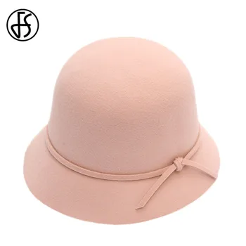 

FS Elegant Women Fishman Cap Foldable Winter Wool Cute Bowknot Fedoras Hat Church Cloche Bucket Hat Brim Chapeu Feminino
