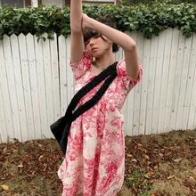 

Cottagecore Print Sexy Dress 2021 Spring Women Slim Square Collar Puff Sleeve Korean Fashion Red Dress Casual High Street Daily