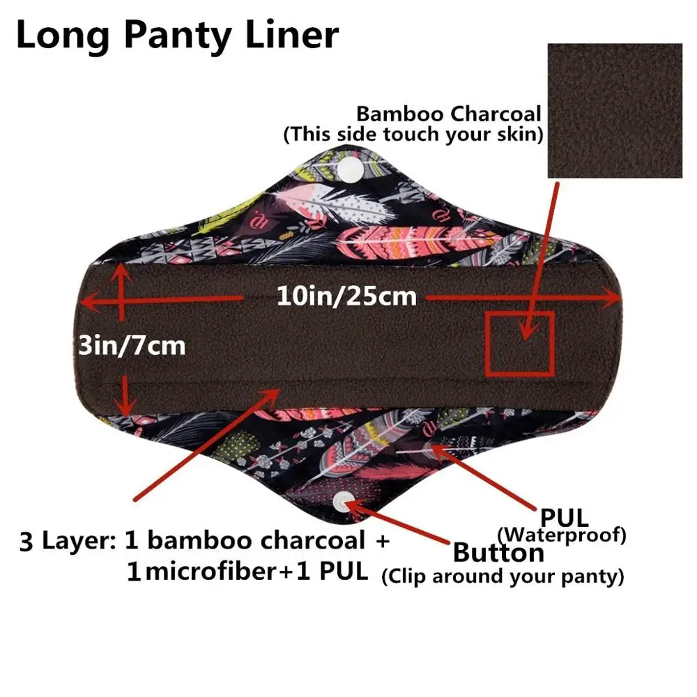 5 + 1 Set Long Panty Liners Cloth Menstrual Pads RANDOM Prints Bamboo Charcoal Sanitary Washable Reusable Light Flow