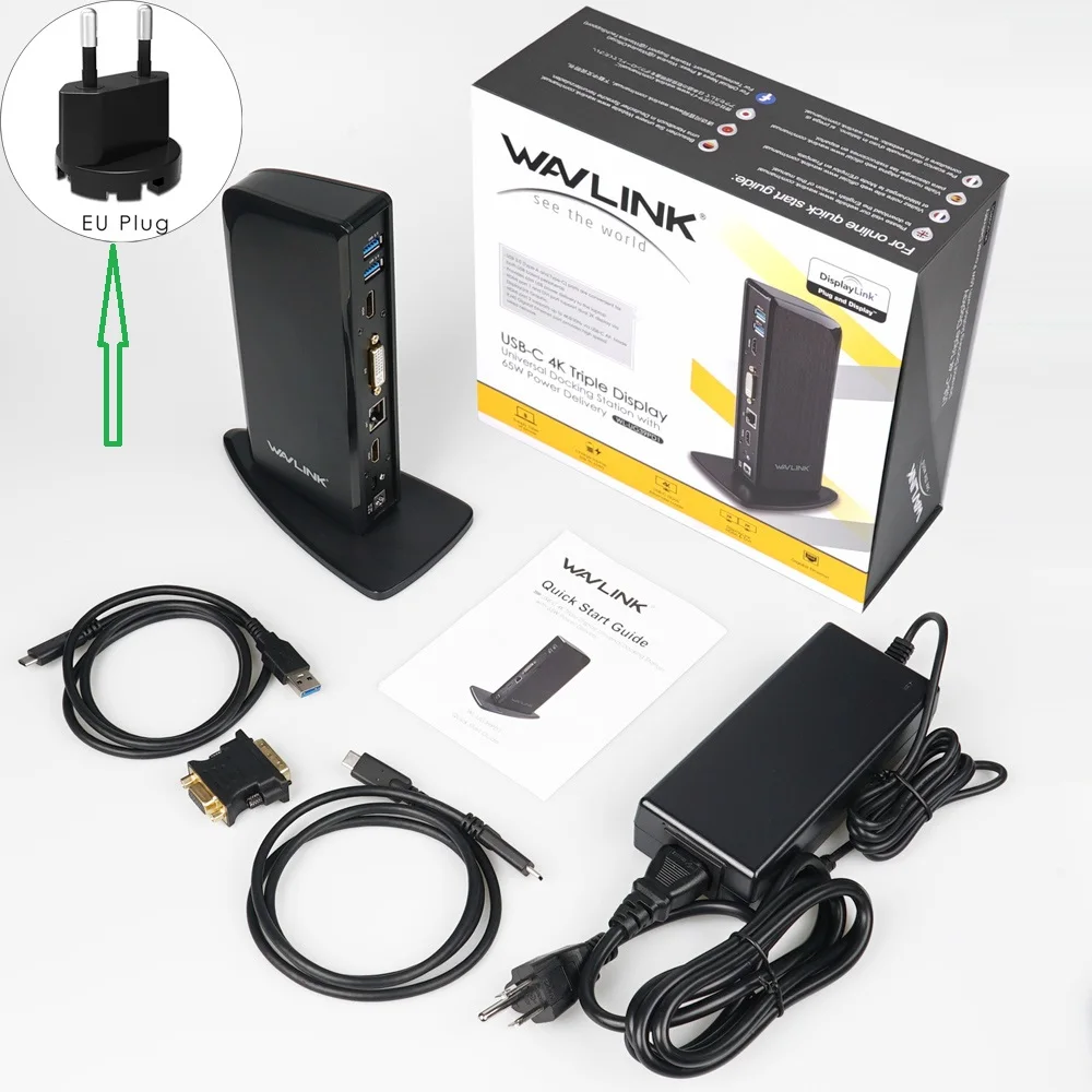 EU plug Wavlink Универсальный USB3.0 Тип C док-станция тройной видео дисплей с Usb 3,0 4K@ 30hz HDMI DVI Gigabit LAN 60W PD для окна - Цвет: EU plug