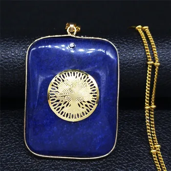 

2020 Stainless Steel Blue Natural Stone Chain Necklace for Women Big Gold Color Geometric Necklaces Jewelry sieraden N69S01