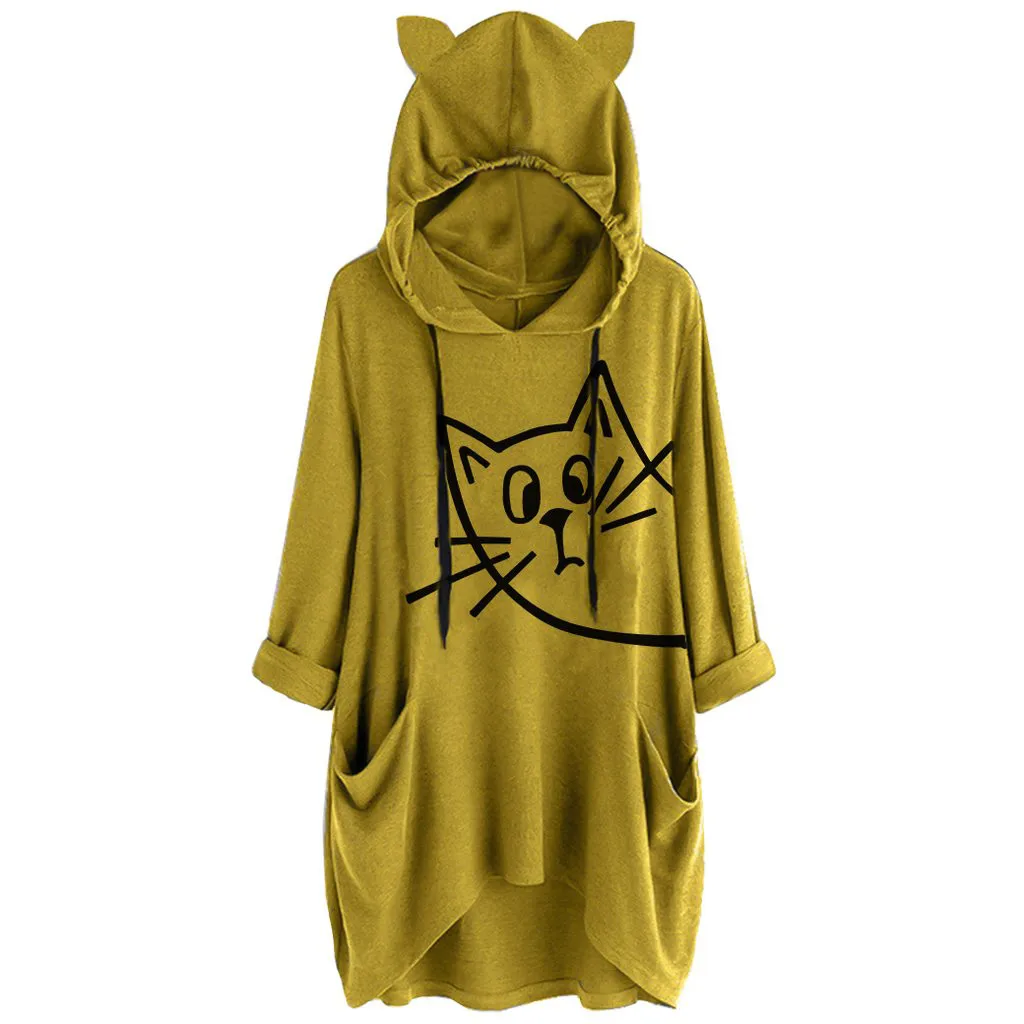 

Hooded Pullover Sweatshirts Hooded Female Jumper Women Tracksuits Sportswear Long Sleeves Cat Ear Print Pocket Shirt Irregular