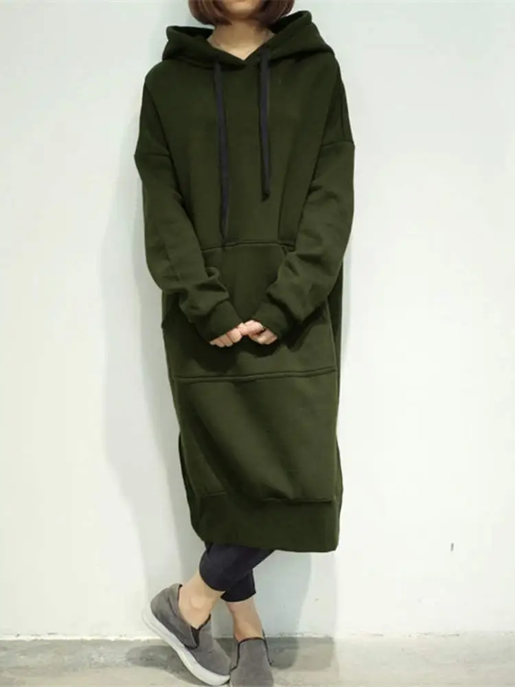 EDSPLOVD 2019 Women's Autumn Thick Wool Long Hoodie Dress Loose Solid V Tie Hat and Pocket B18 |